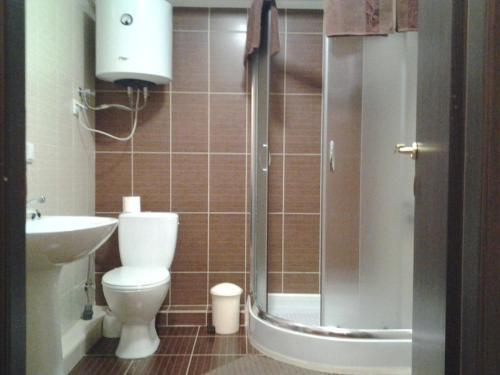 a bathroom with a shower and a toilet and a sink at Отель Гармония in Dnipro