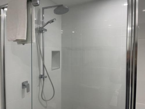 een badkamer met een douche en een glazen deur bij Bridgewater Apartments in Brisbane