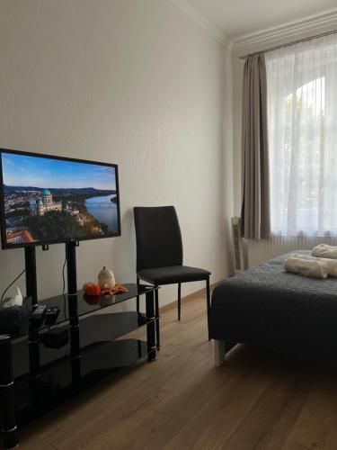 una camera con letto, TV e sedia di Széchenyi Apartman Esztergom a Esztergom