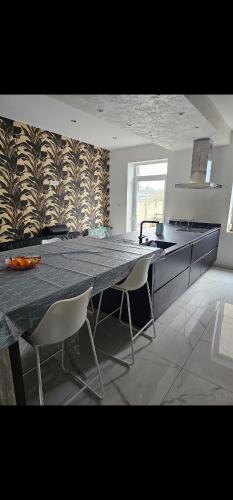 - une cuisine avec une table et des chaises dans la chambre dans l'établissement Appart 150 m2 luxembourg à proximité, à Thionville