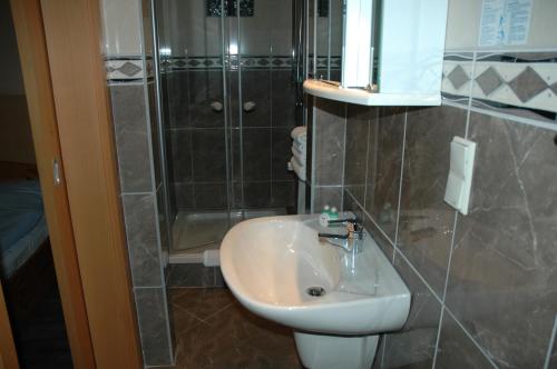 a bathroom with a sink and a shower at Hotel Kappelner Hof in Kappeln