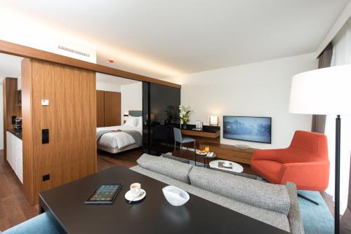 Fraser Suites Geneva - Serviced Apartments tesisinde bir televizyon ve/veya eğlence merkezi