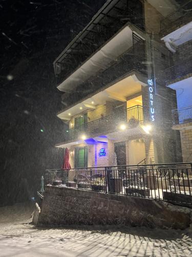 a woman standing outside of a building in the snow at Ortus - Murree Hills in Murree