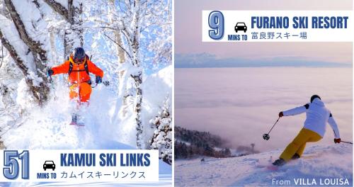 due immagini di una persona che scende da una pista innevata di VILLA LOUISA a Furano