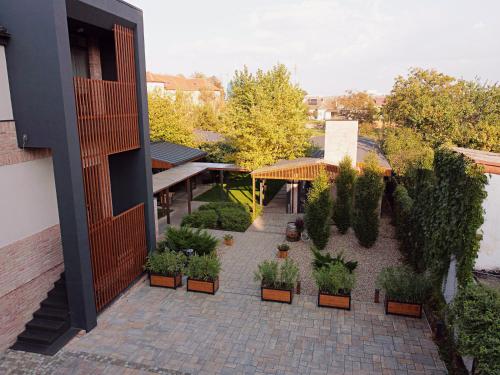 a courtyard with potted plants on a building at No Pardon Hotel in Satu Mare