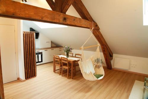 una habitación con una mesa y una hamaca en una casa en Appartement de charme à Nancy, en Nancy