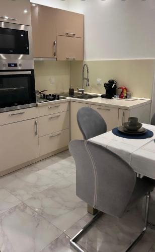 cocina con mesa, sillas y fregadero en Aurelia apartman, en Vinkovci