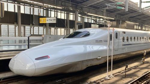 a white bullet train parked in a train station at Shin-Osaka Station Hotel in Osaka