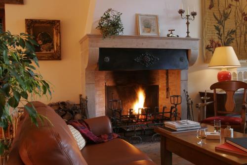 een woonkamer met een bank en een open haard bij Hôtel Le Clos in Montagny-lès-Beaune