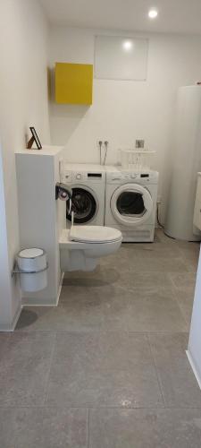 a bathroom with a washing machine and a toilet at LE FIEF GUIBERT Hôtel particulier Maison d'hôtes et Gîtes in Le Poiré-sur-Vie