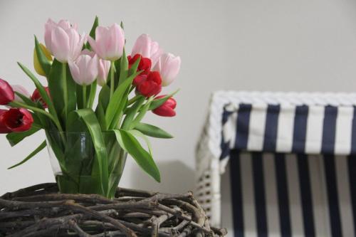 een vaas met roze en rode tulpen op een tafel bij Pension Frisia in Norddeich