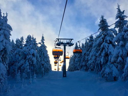 um teleférico na neve junto a algumas árvores em Vila Jáchymov em Jáchymov