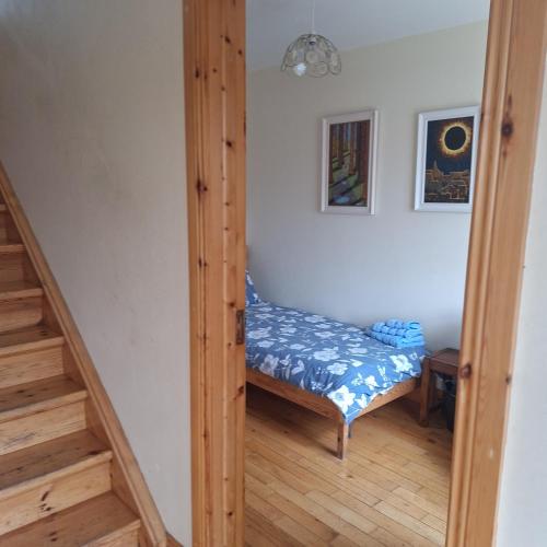 een kleine kamer met een bed en een trap bij Lovely Single Room in Listowel Kerry in Listowel