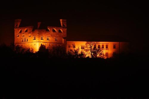 ein großes, nachts beleuchtetes Gebäude in der Unterkunft Vár Vendéglő Panzió in Sárospatak