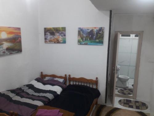 Rooms Struga في ستروغا: غرفة نوم بسرير ومرآة