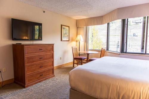 - une chambre avec un lit et une commode avec une télévision dans l'établissement Studio Perfect Location 320 with Pool and Hot Tub, à Crested Butte