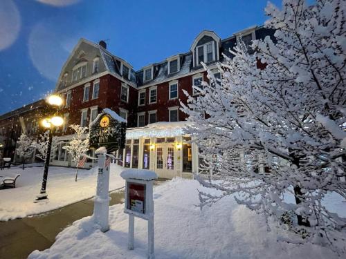 un albero innevato di fronte a un edificio di The Brandon Inn a Brandon