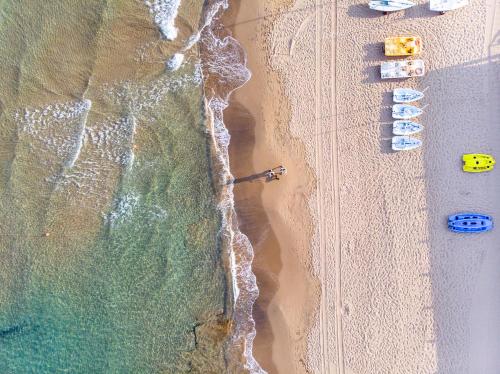 サン·ヴィンチェンツォにあるHotel Riva degli Etruschiのパラソル付きの海岸の景色