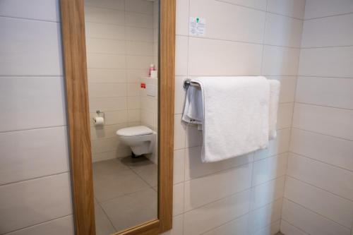 bagno con servizi igienici bianchi e specchio di Hôtel de la gare a Choisy-le-Roi