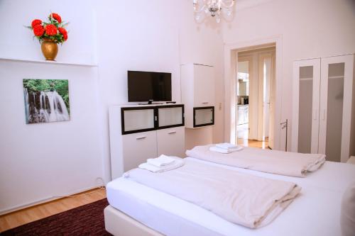 two beds in a white room with a tv at Rothenberger Plauen in Plauen