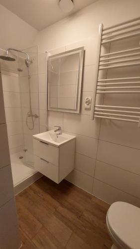 y baño blanco con lavabo y ducha. en AzyLw25, en Starachowice