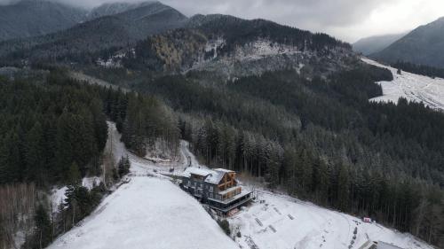 um alojamento de esqui no meio de uma montanha coberta de neve em The Pines Bucegi Lodge em Bran