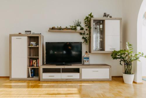 un soggiorno con TV in un centro di intrattenimento di Große Ferienwohnung Burgenland a Eisenstadt