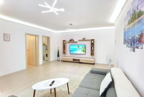 a living room with a couch and a tv on a wall at Exclusive Apartment SIBIU in Sibiu