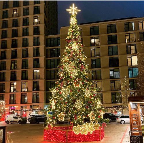 uma árvore de Natal em frente a um edifício em Warsaw Oxygen Apartment em Varósvia