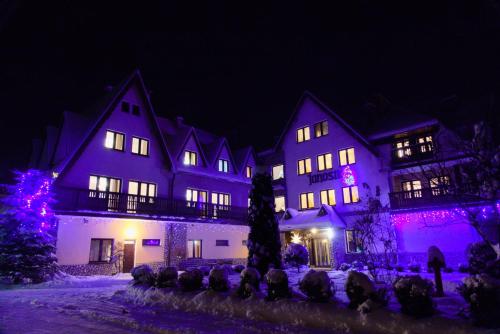 a house with purple lights on it at night at DW Janosik in Muszyna