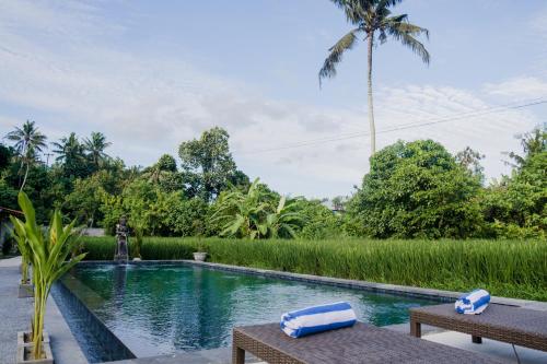 einen Pool mit zwei Bänken und einer Palme in der Unterkunft Uma Raos Cottage in Ubud