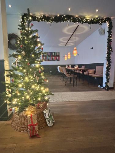 un arbre de Noël dans un salon avec une table dans l'établissement DK Hotel Deutscher Kaiser, à Heidelberg