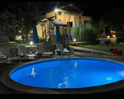 ein großer blauer Pool in einem Garten in der Nacht in der Unterkunft Sunshine villa Dzhigurovo in Sandanski