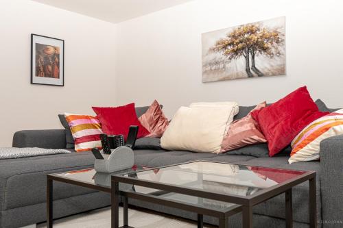 a living room with a gray couch with red pillows at Taros Home - Deluxe Apartment in Herrenberg