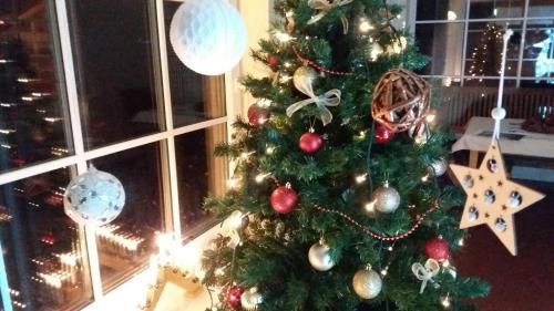 Un albero di Natale davanti a una finestra di Vila Liepa a Birštonas