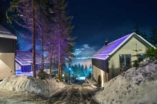 a snow covered street with a house and trees at night at Buko Village by Fomich in Bukovel