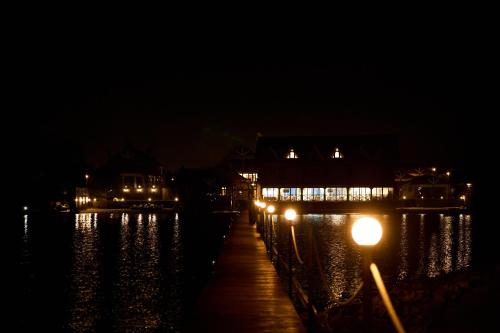 a row of lights on a dock at night at Waterloo Village in Pidhorodne