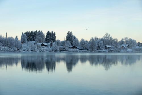 un grand lac avec des maisons et des arbres enneigés dans l'établissement Althoff Seehotel Überfahrt, à Rottach-Egern