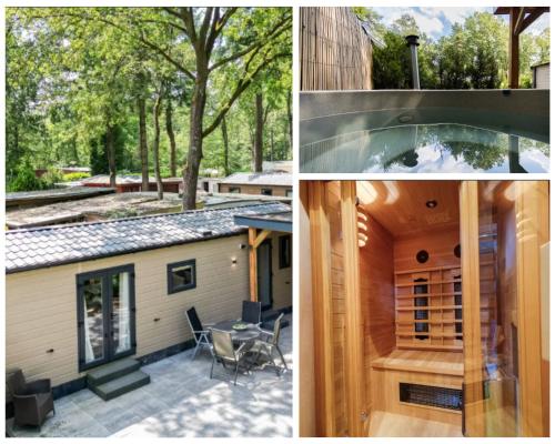 une maison avec une piscine et une maison dans l'établissement VELUWE HOENDERLOO LUXURY CHALETS WITH PRIVATE SAUNA AND HOT TUB - Swimming Pool Tennis Court Supermarket Bowling Alley Theatre and Entertainment for Children, à Hoenderloo