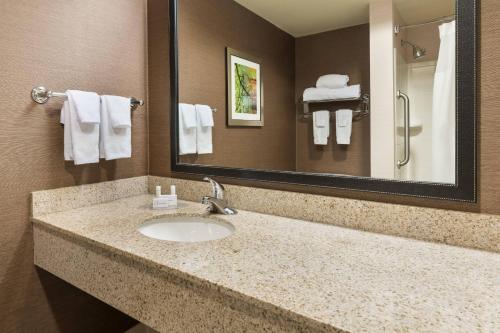 La salle de bains est pourvue d'un lavabo, d'un miroir et de serviettes. dans l'établissement Fairfield Inn & Suites by Marriott Springdale, à Springdale