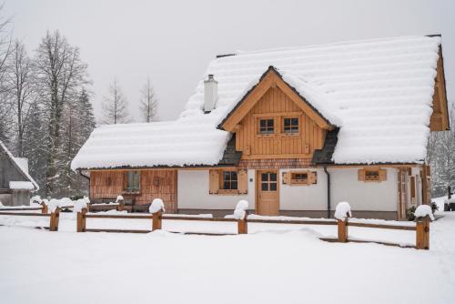 a wooden house with snow on the roof at ALPIK Chalets - Bohinj in Bohinj