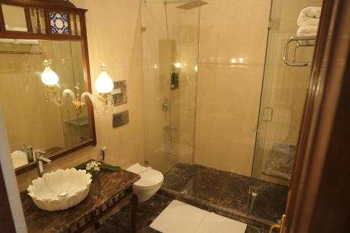 een badkamer met een douche, een toilet en een wastafel bij The Grand Imperial - Heritage Hotel in Agra