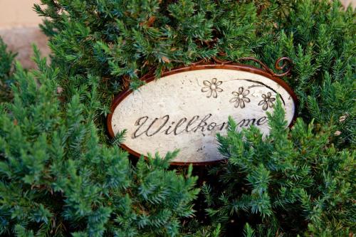 a christmas tree with a sign in a bush at Appartementhaus Witzmann in Bad Vöslau