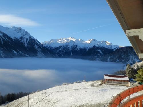 vista para um lago e montanhas nevadas em Apartment Kerer em Wald im Pinzgau