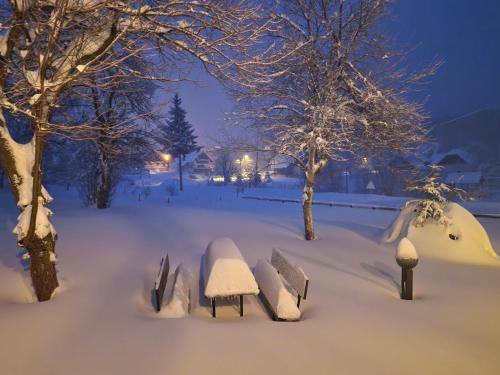 イェゼルツェにあるGuest house Zederの雪に覆われたベンチ付き公園