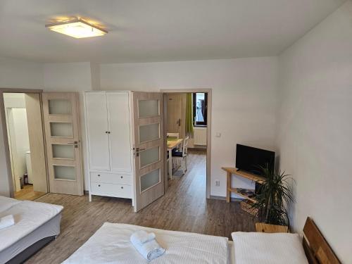 Zimmer mit einem Bett und einem Schreibtisch mit einem TV in der Unterkunft Apartmány Karolína - Kašperské Hory in Kašperské Hory