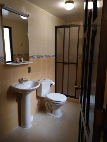 bagno con servizi igienici, lavandino e specchio di Hostal Montañes a La Paz