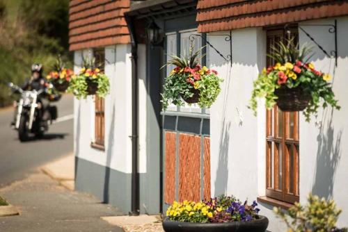 um edifício com vasos de flores ao lado em The Chequers Inn em Rookley