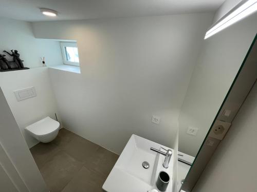 bagno bianco con servizi igienici e lavandino di Mail 62 a Neuchâtel