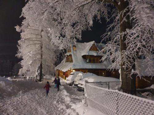 ザコパネにあるPompelówka - chata na Głubałówceの雪に覆われた通りを二人が歩いている